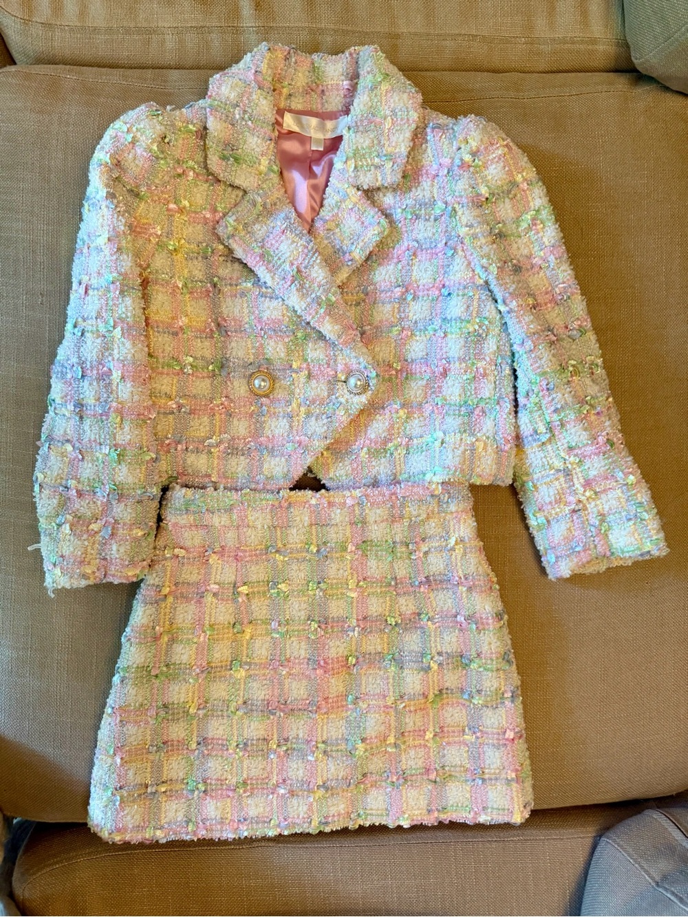 LoveShackFancy Girls Tweed Two-Piece Skirt Suit - Cropped Jacket & Mini Skirt